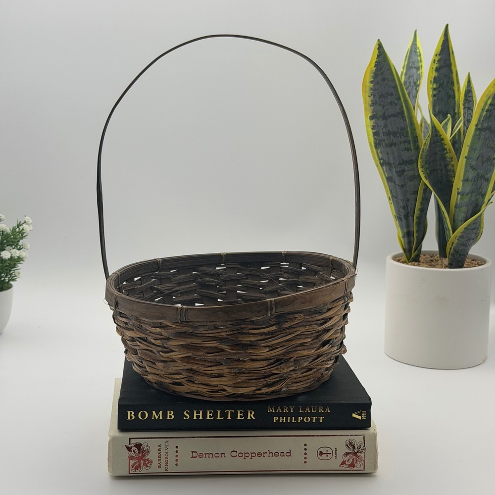 Vintage Woven Wood Round Basket with Tall Handle Brown Rustic Farmhouse Decor